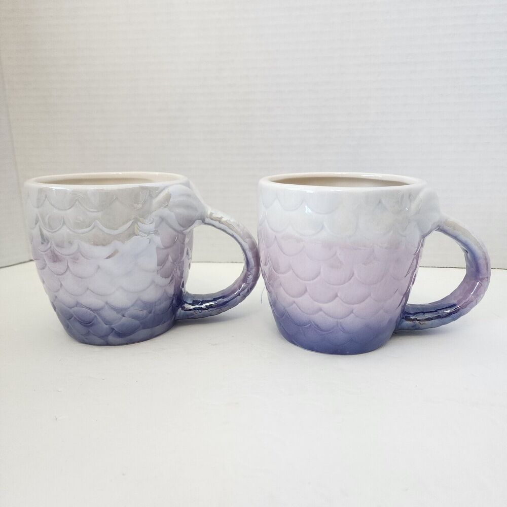 NEW Purple Iridescent MERMAID Coffee MUG Tea Cup SEAS THE DAY 16oz Ceramic Set 2